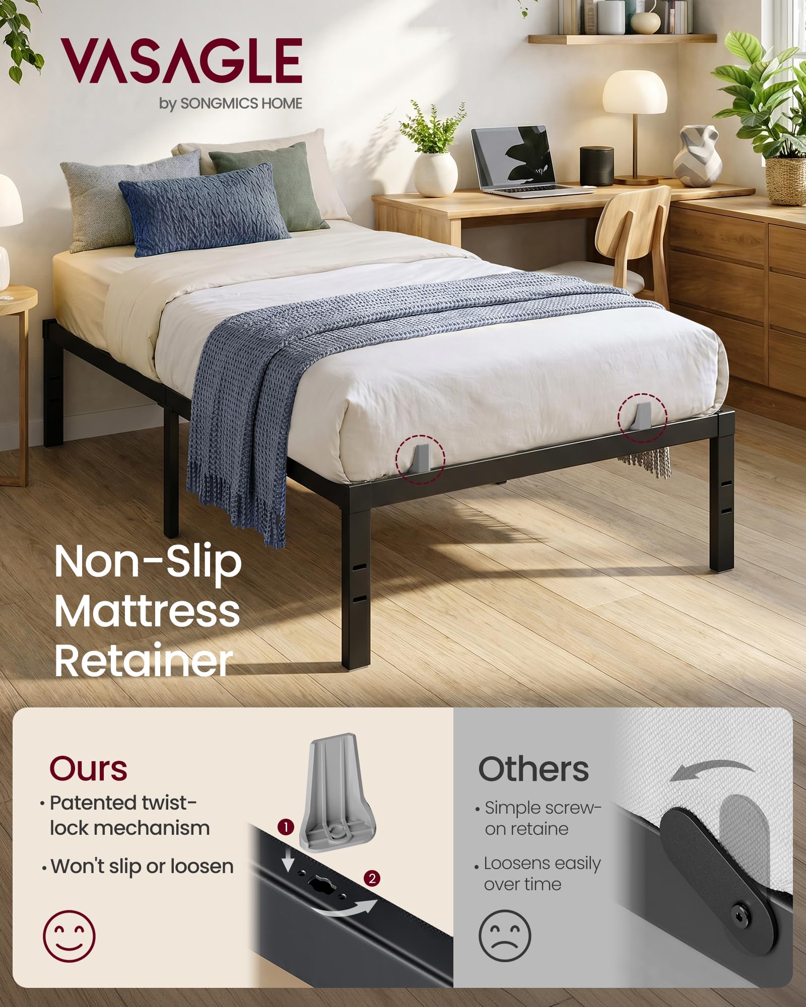 VASAGLE Twin Metal Bed Frame 14 Inches Tall, 550 lb Weight Capacity Heavy Duty Platform Bed Frame with Under-Bed Storage, No Box Spring Needed, Matte Black URMB653BD02 🍁 All In One Marketplace Canada