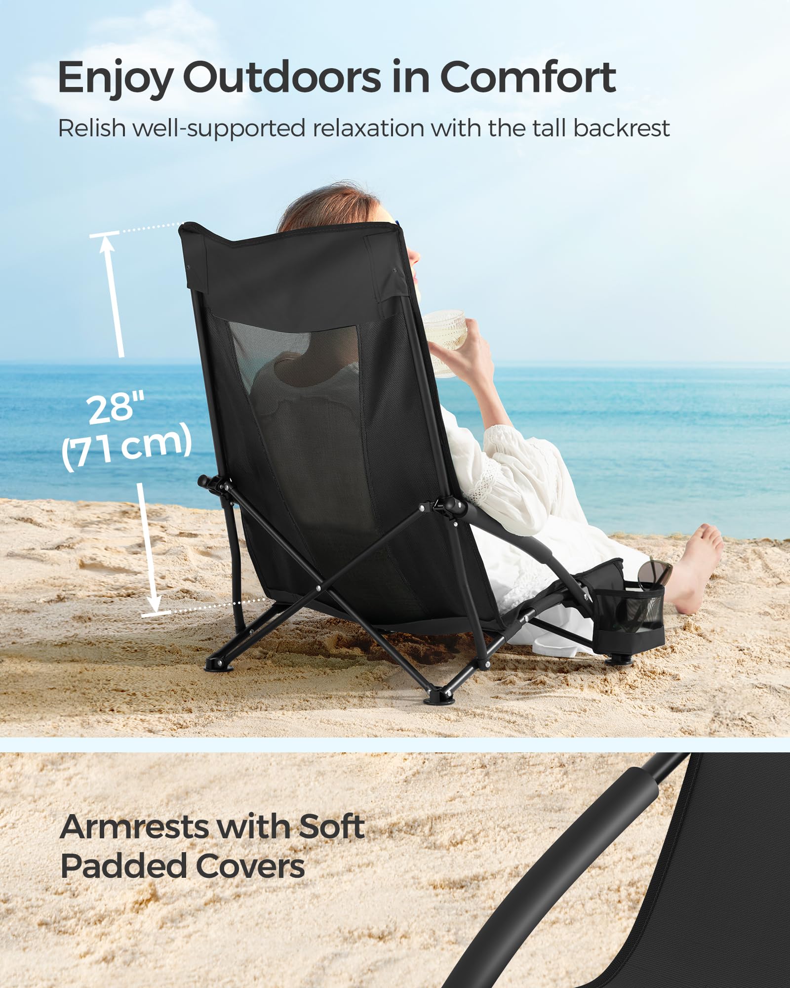 SONGMICS Set of 2 Portable Beach Chairs for Adults, Max. Load 330 lb Each, High Backrest, Cup Holder, Lightweight, Heavy-Duty, Black UGCB067B01V1 🍁 All In One Marketplace Canada