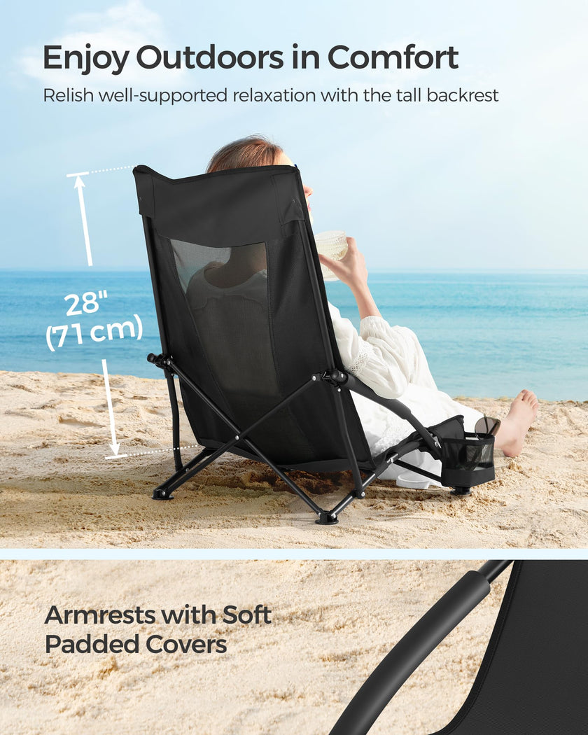 SONGMICS Set of 2 Portable Beach Chairs for Adults, Max. Load 330 lb Each, High Backrest, Cup Holder, Lightweight, Heavy-Duty, Black UGCB067B01V1 🍁 All In One Marketplace Canada