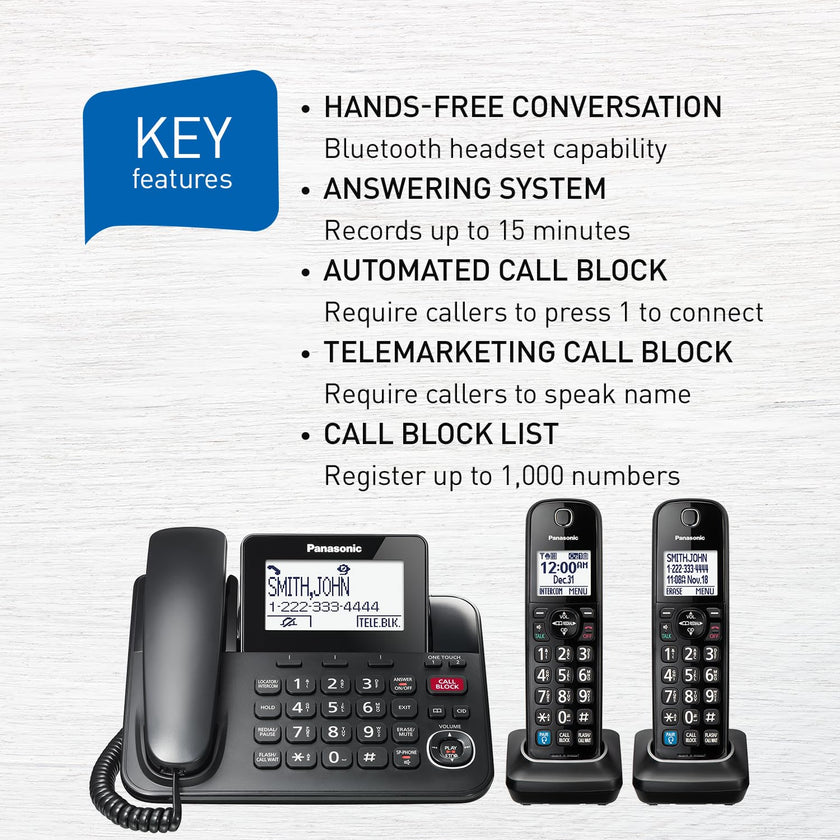 Panasonic Expandable Corded Phone System, Bluetooth Pairing for Wireless Headphones and Hearing Aids, Smart Call Block, Bilingual Talking Caller ID, 2 Handsets - KXTGF892B (Black) 🍁 All In One Marketplace Canada