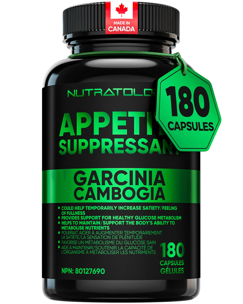 Nutratology® Garcinia Cambogia Appetite Suppressant Weight Loss For Women & Men | Canadian-Made | 500 MG Per Capsule | 60% HCA - Increase Feelings of Fullness & Maintain Blood Sugar Levels - 180 Count 🍁 All In One Marketplace Canada