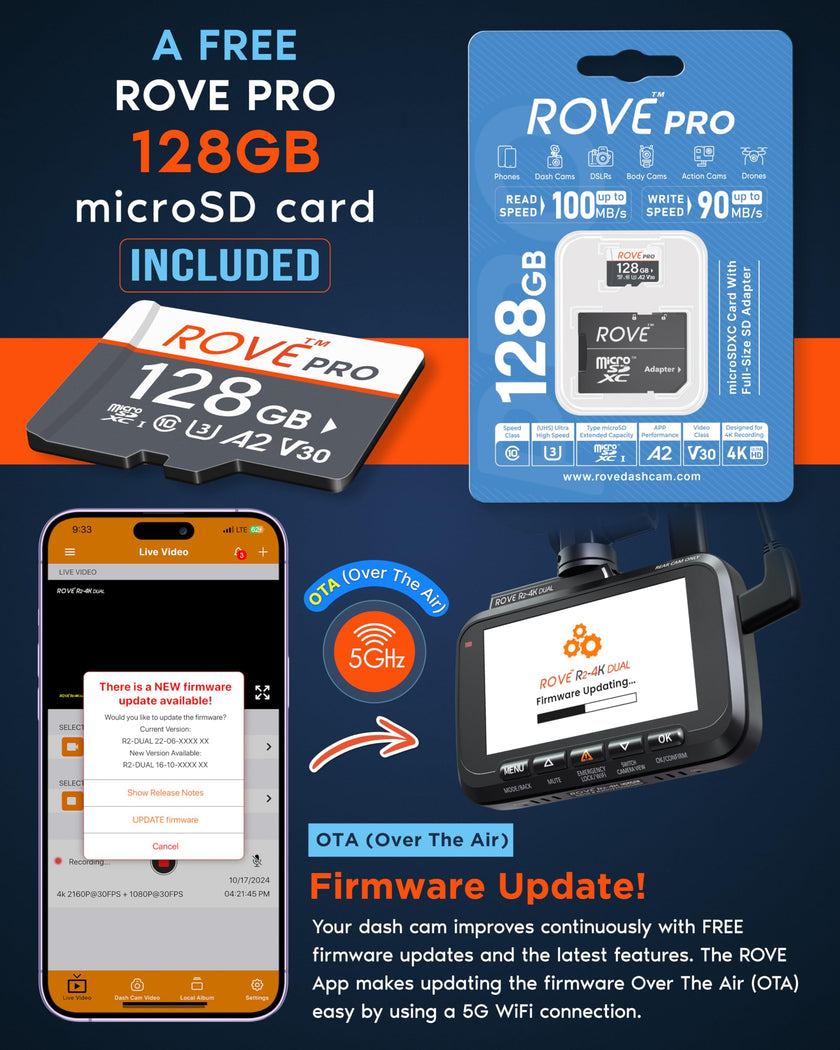 ROVE R2-4K DUAL Dash Cam Front and Rear, STARVIS 2 Sensor, FREE 128GB Card Included, 5G WiFi - up to 20MB/s Fastest Download Speed with App, 4K 2160P/FHD Dash Camera for Cars, 3
