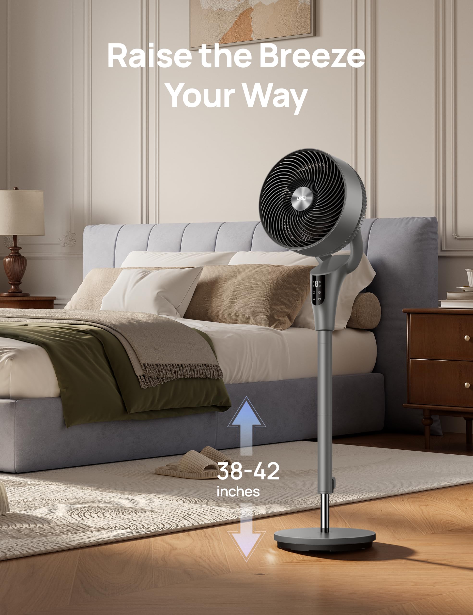 DREO Fan for Bedroom, 90° Oscillating Standing Fan, 20dB Quiet, 90ft Pedestal Fans for Room Office, DC Motor, 8+H Speeds, 3 Modes, 38-42'' Adjustable Height, Remote, 8H Timer, 105° Manual Vertical 🍁 All In One Marketplace Canada
