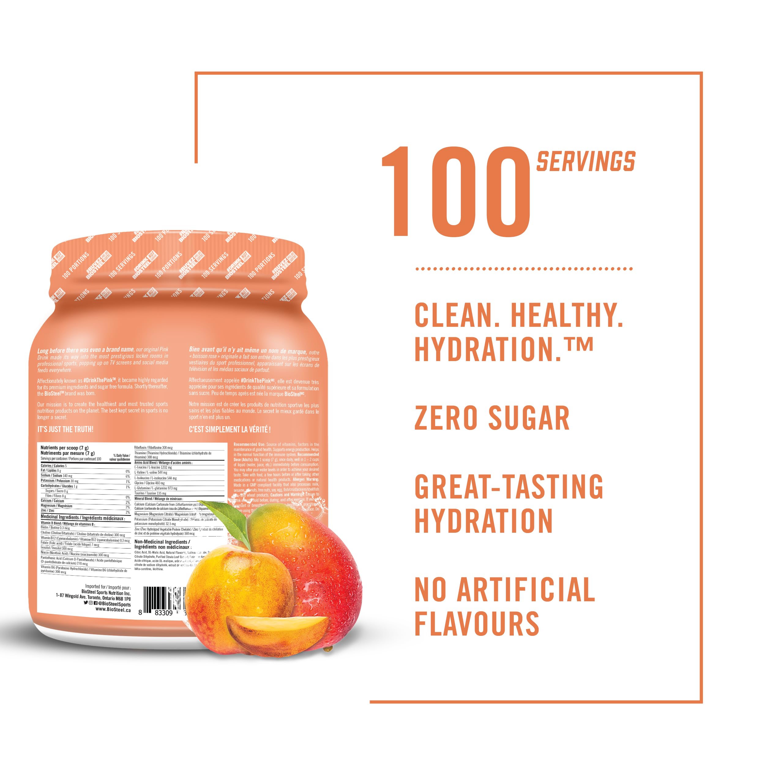 BioSteel Electrolyte Hydration Mix Powder, Zero Sugar, No Artificial Flavours, Peach Mango, 100 Serving Container 🍁 All In One Marketplace Canada