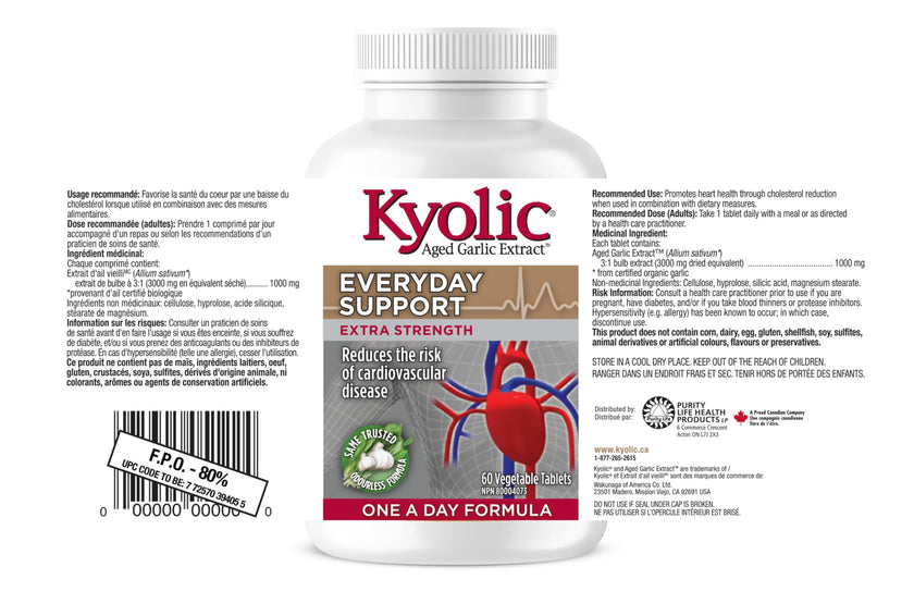 Kyolic - Odourless Aged Garlic Extract Everyday Support Extra Strength One-A-Day 1000mg, 60 Veg Tablets 60-Day Supply - Kyolic Garlic Supplements, Garlic Pills - Herbal Supplement for Wellness Support 🍁 All In One Marketplace Canada