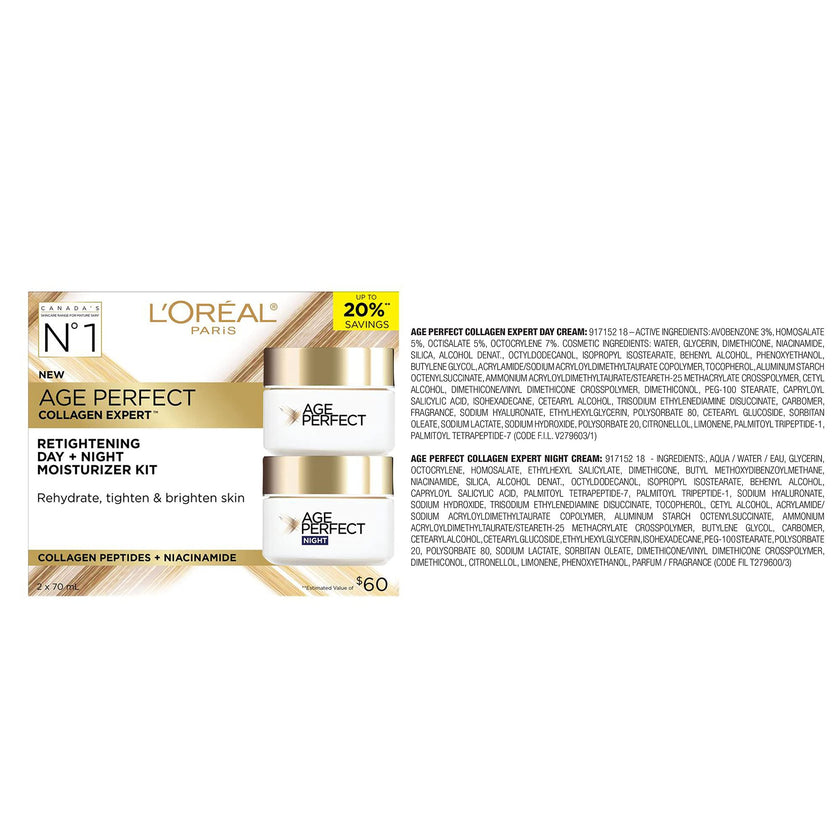 L'Oréal Paris Day & Night Face Moisturizer Cream Skincare Kit (2-Piece), Age Perfect Collagen Expert, with Collagen Peptides + Niacinamides, For Mature Skin, Suitable for Sensitive Skin Skincare kit, 2 x 70 ml 🍁 All In One Marketplace Canada