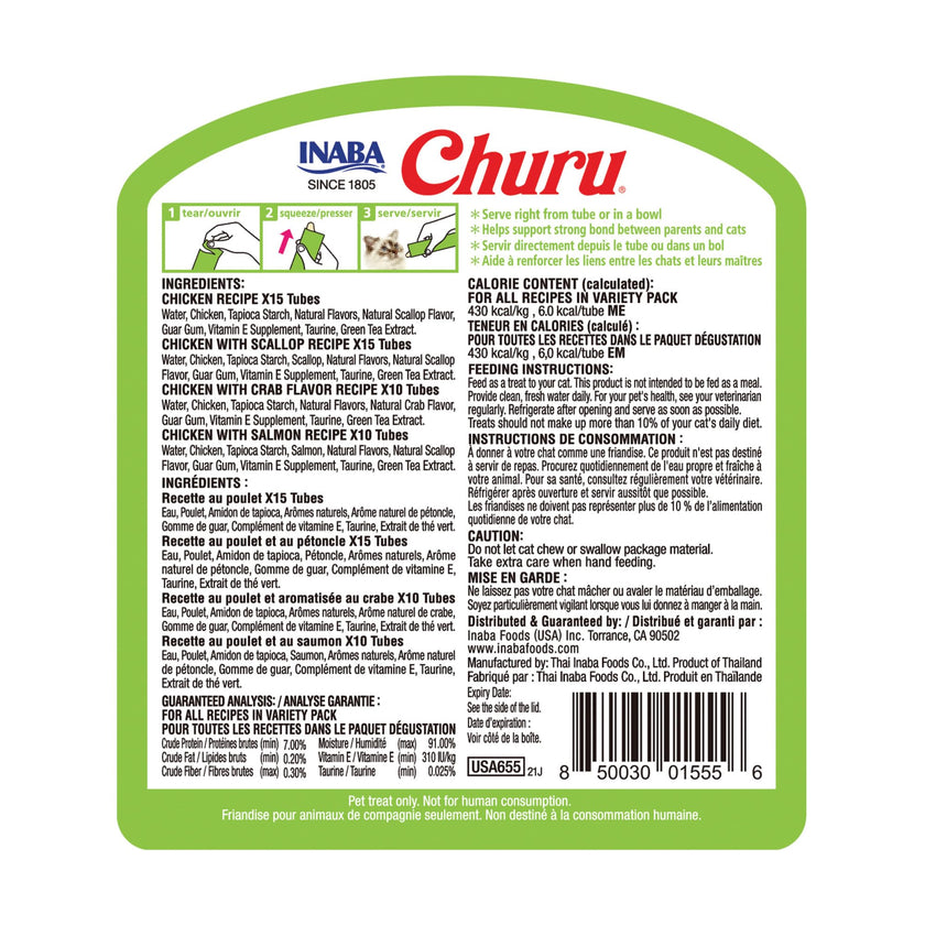 INABA Churu Cat Treats, Lickable, Squeezable Creamy Purée Cat Treat with Green Tea Extract & Taurine, 14 Grams Each Tube, 50 Tubes, Chicken & Seafood Variety 🍁 All In One Marketplace Canada