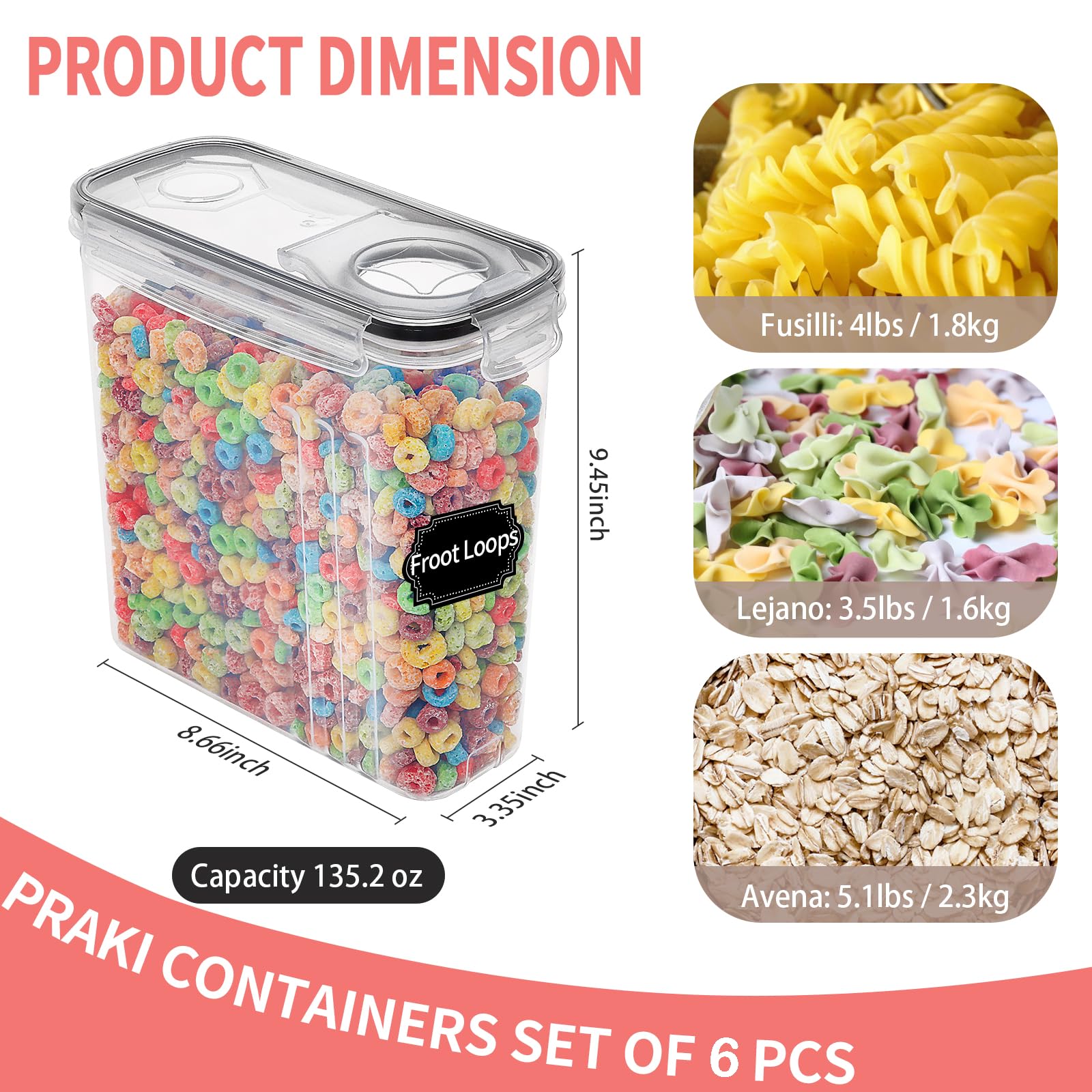 Large Dry Food Storage Containers with Lids, PRAKI 6PCS 4L Airtight Cereal Containers Storage, Leak-proof Canister Set for Kitchen Pantry Organizers and Storage with 20 Labels & Marker 🍁 All In One Marketplace Canada
