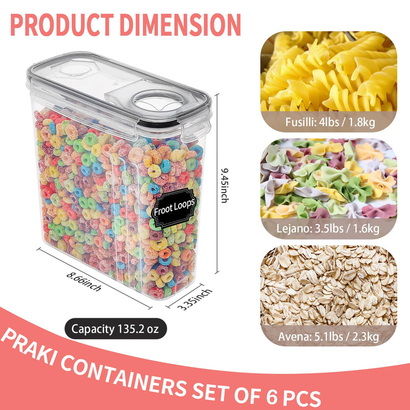 Large Dry Food Storage Containers with Lids, PRAKI 6PCS 4L Airtight Cereal Containers Storage, Leak-proof Canister Set for Kitchen Pantry Organizers and Storage with 20 Labels & Marker 🍁 All In One Marketplace Canada