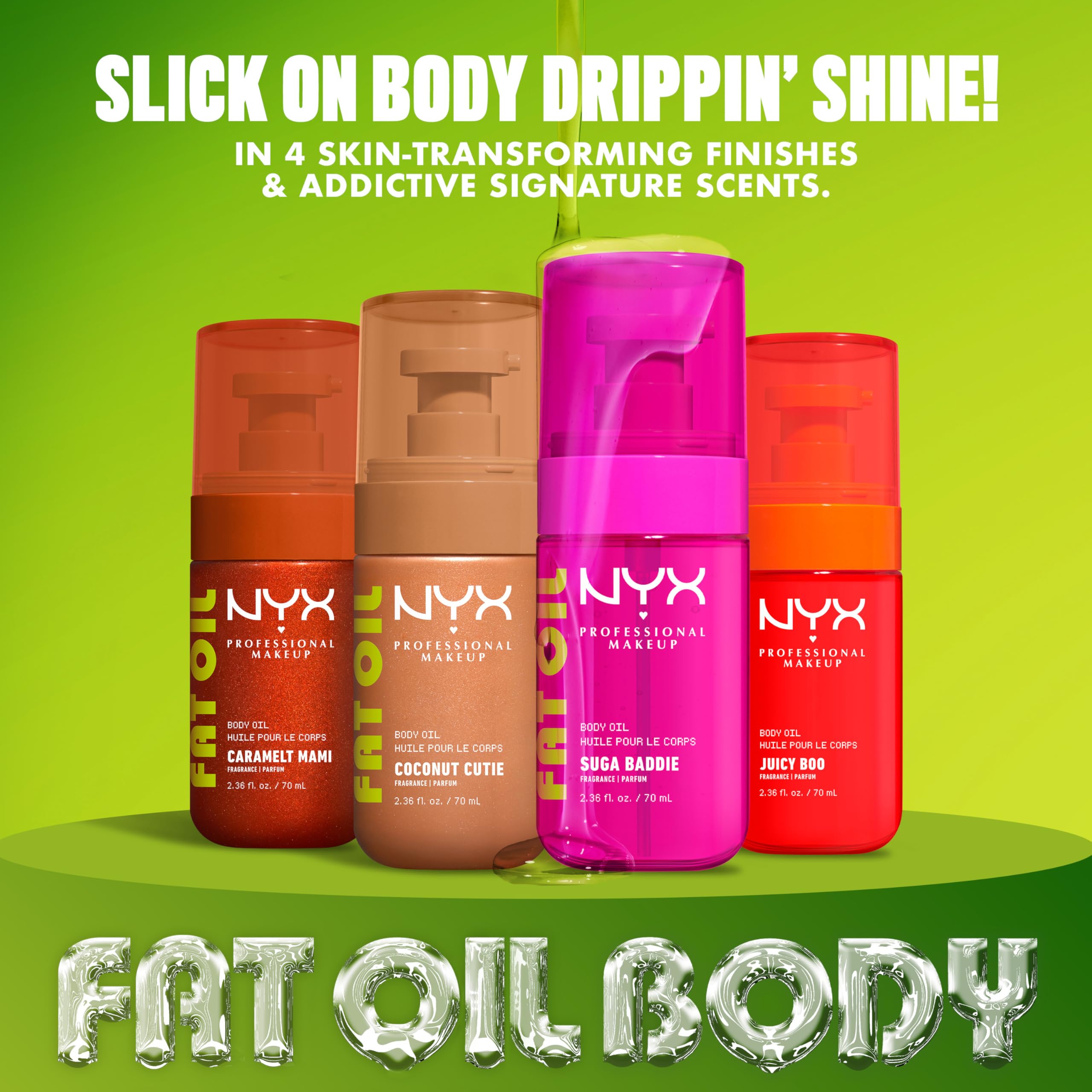 NYX Professional Makeup Fat Oil Body Oil, 24 HR Hydration, Gold Glowy Finish, Non-Sticky High-Shine Vegan Formula, Shimmering Luminous Skin, Coconut Cutie: Coconut & Peach Scent, 70 ml 🍁 All In One Marketplace Canada