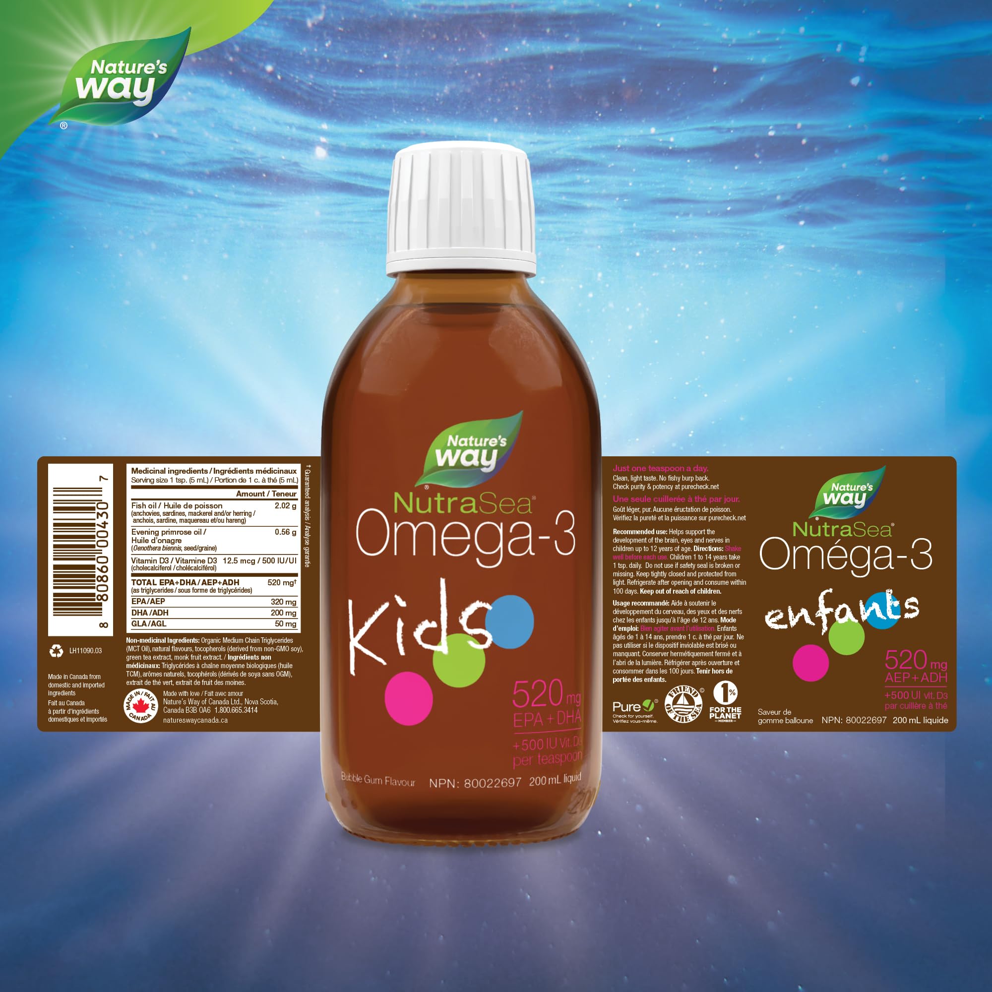 Nature's Way NutraSea Kids Omega 3 + Vitamin D Fish Oil Liquid Supplement for Kids Ages 1 to 14 – Bubblegum Flavour – Brain, Eye & Bone Support – EPA & DHA + GLA + D3, 200 mL 🍁 All In One Marketplace Canada