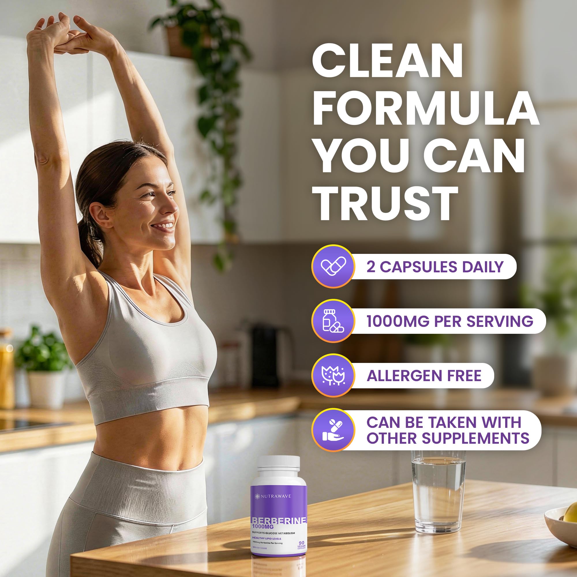 Nutrawave Pure Berberine Maximum Potency, 1000mg per Serving(Each Capsule 500mg), Supports Blood Sugar Levels, Healthy Lipid(Fat) & Glucose Metabolism, Non-GMO, Vegan, Gluten Free, 90 Capsules, 1 Pack 🍁 All In One Marketplace Canada