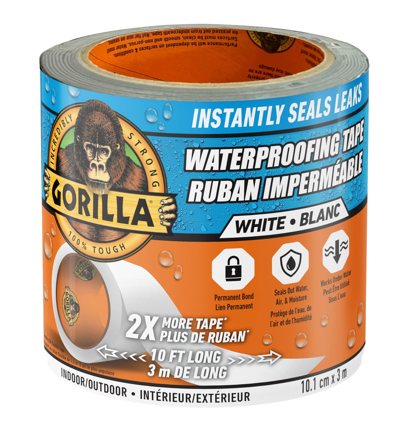 Gorilla Waterproof Patch & Seal Tape, Heavy-Duty, Instantly Seals, Works Underwater, Indoor/Outdoor, Flexible Permanent Bond, 4 in x 10 ft, White 🍁 All In One Marketplace Canada