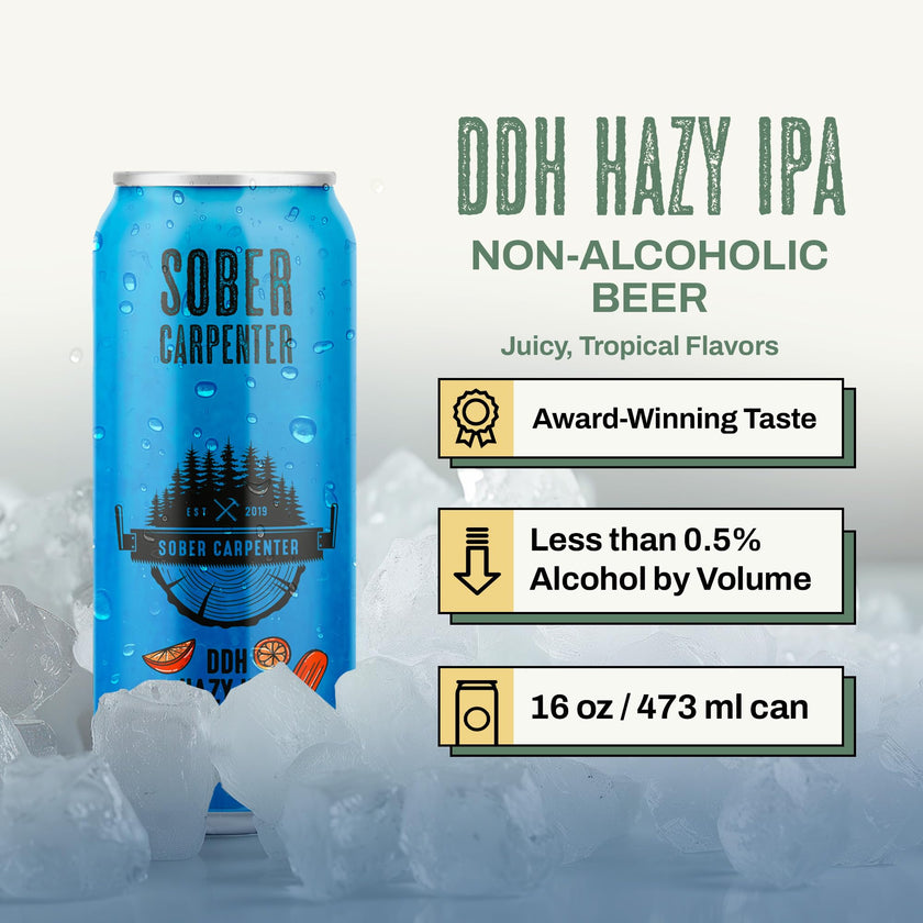 SOBER CARPENTER - DDH Hazy IPA Beer (Craft), All-Occasion Non Alcoholic Beer (with Lactose), Non Alcoholic Spirits & Alcohol Alternative, Low Calorie Drink with 70 Calories, Pack of 12 (16 oz Ea) 🍁 All In One Marketplace Canada