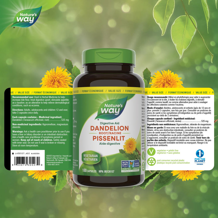 Nature's Way Dandelion Root - Digestion Supplement – Diuretic Laxative - Non-GMO Verified - 180 Vegetarian Capsules, Value Size 🍁 All In One Marketplace Canada