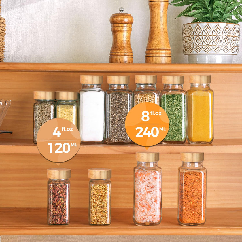 ComSaf 4oz 24Pcs Glass Spice Jars with Bamboo Lids, Empty Spice Containers with 93 Labels, Square Seasoning Containers Trial and Supplement Set, Small Seasoning Bottles for Salt, Herbs, Sugar, Pepper 🍁 All In One Marketplace Canada