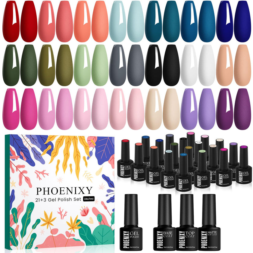 phoenixy 24 PCS Gel Nail Polish Kit, 21 Colors U V Gel Nail Polish Set with Base Glossy Matte Top Coat Spring Black Gray Red Nail Kit Gifts for Women 🍁 All In One Marketplace Canada