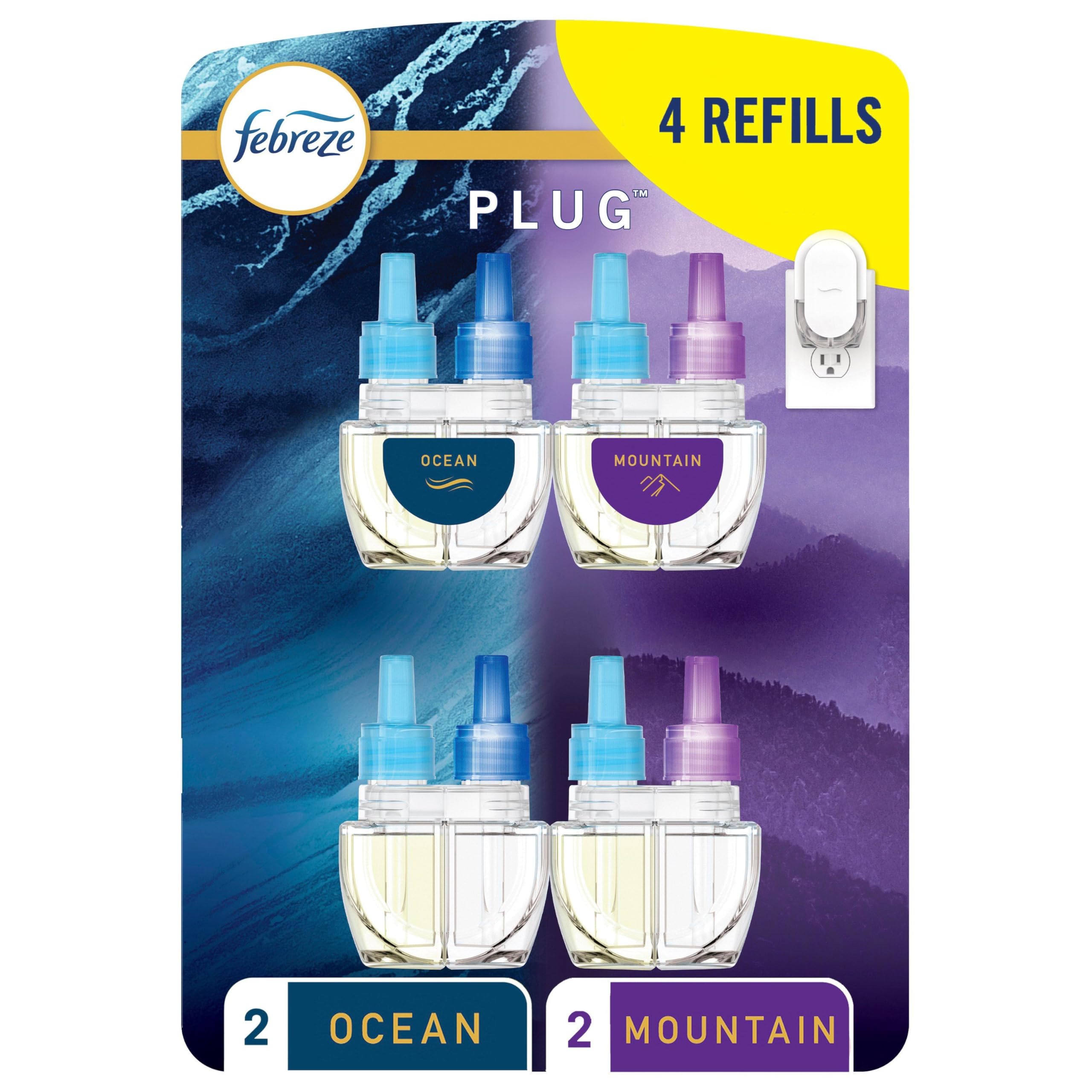 Febreze Plug In Air Freshener, Odor-Fighting Scented Oil Refill for Home and Bathroom and Kitchen, Long Lasting for Strong Odors, Ocean & Mountain Scents, 4 Count 🍁 All In One Marketplace Canada