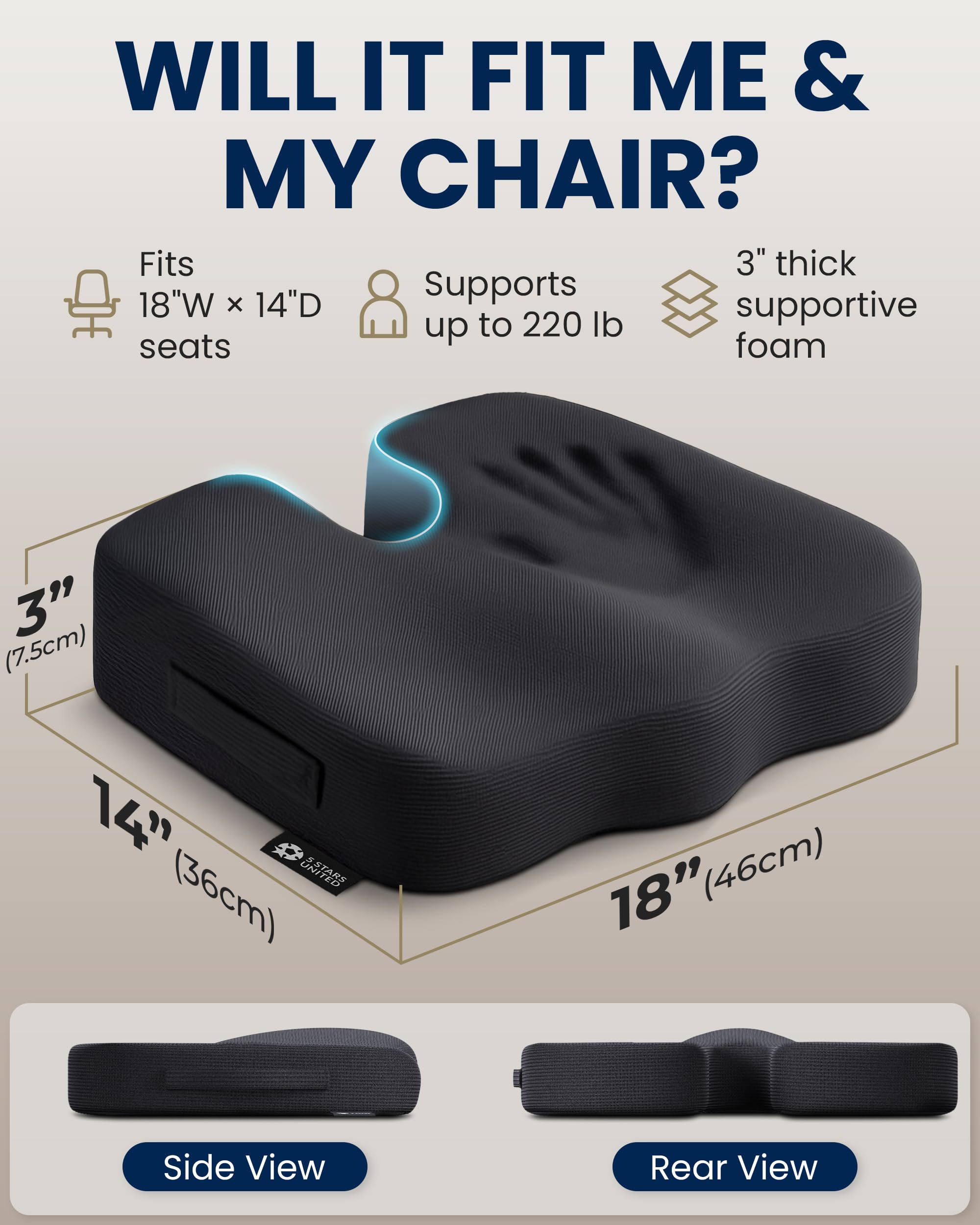 5 STARS UNITED Seat Cushion - Memory Foam Chair Cushion for Tailbone Pain Relief - Ergonomic Support for Coccyx, Sciatica & Butt - Office, Desk & Gaming Chair, Car Seat, Wheelchair, Airplane, Black 🍁 All In One Marketplace Canada