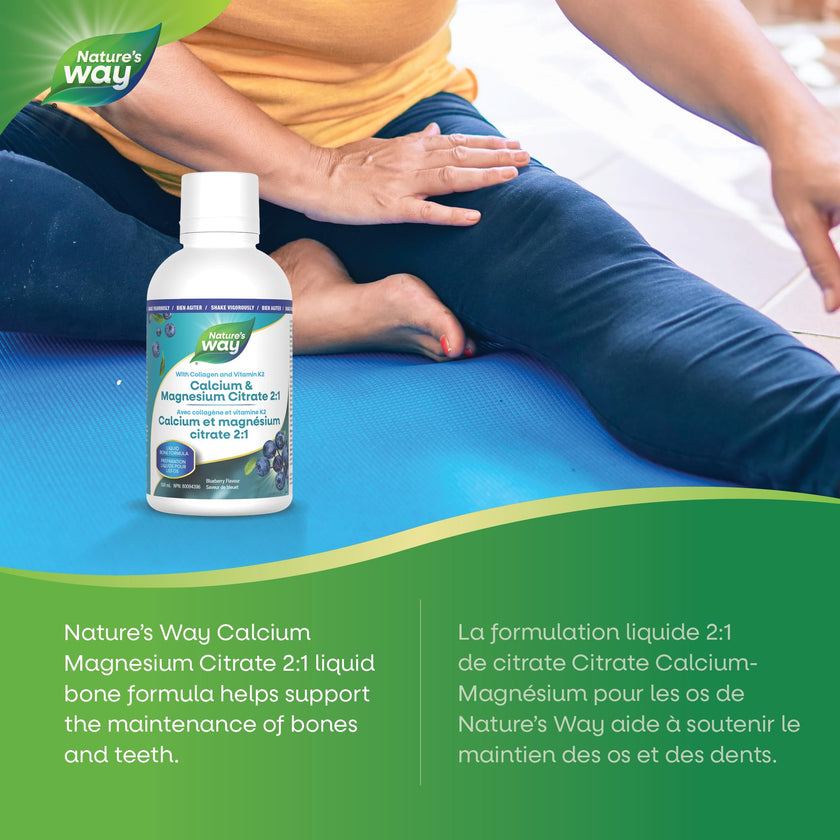 Nature's Way Calcium and Magnesium Citrate 2:1 - Liquid Supplement with Vitamin K2 and Collagen – Helps Support the Maintenance of Bones and Teeth – Blueberry Flavour, 500 mL 🍁 All In One Marketplace Canada