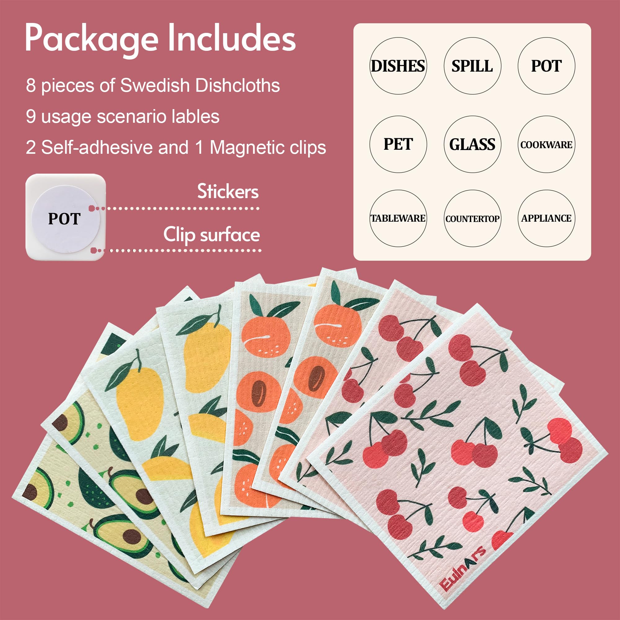 Eulnars Swedish Dish Cloth, 8-Pack Reusable Paper Towels, Swedish Dish Cloth with 3 Clips, 9 Classified Labels, Quick Drying Washable Dish Cloths, Super Absorbent Kitchen Towels, Odorless 🍁 All In One Marketplace Canada