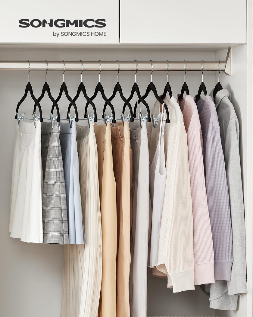SONGMICS 30-Pack Pants Hangers, 42.5 cm Long Velvet Trousers Hangers with Adjustable Clips, Heavy-Duty, Non-Slip, Space-Saving for Pants, Skirts, Coats, Dresses, Tank Tops, Black UCRF12B30 🍁 All In One Marketplace Canada