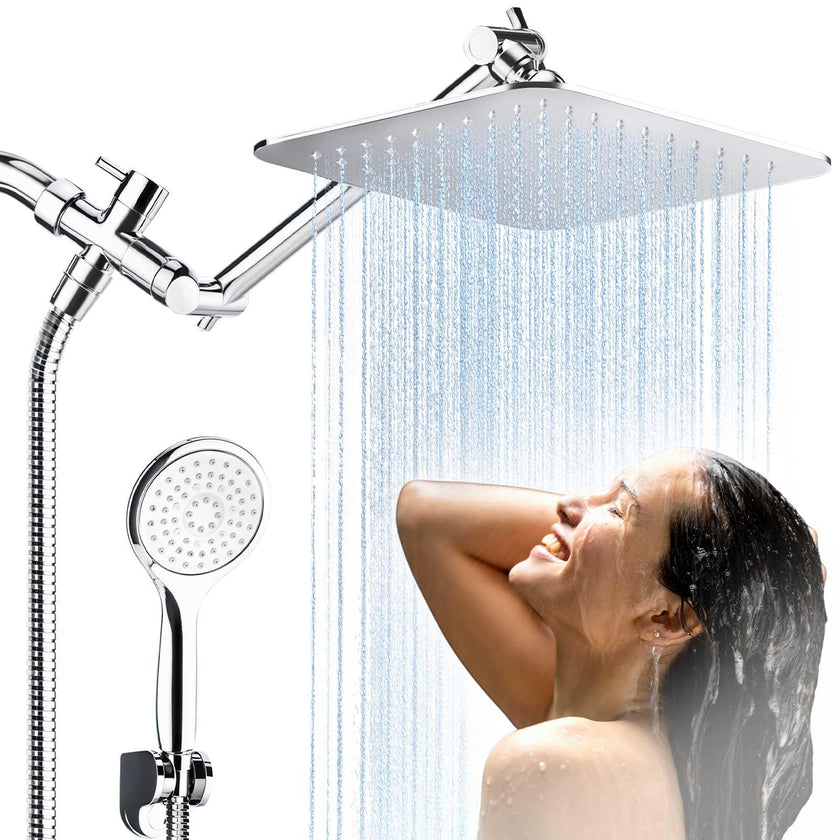 COSYLAND Rain Shower Head with Handheld - 304 Stainless Steel High Pressure 8 inch Square Rainfall Showerhead Combo with 3 Spray Mode 11 inch Extension Adjustable Arm & 60 inch Hose - Chrome 🍁 All In One Marketplace Canada
