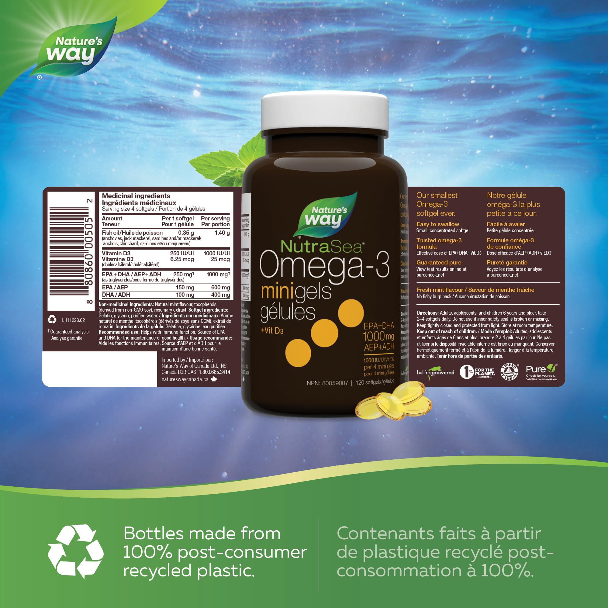 Nature's Way NutraSea Omega 3 + Vitamin D Fish Oil Mini Gels Supplement – Fresh Mint Flavour – Heart, Brain, Bone & Immune Support – 1000mg EPA & DHA + 1000IU D3, 120 Softgels 🍁 All In One Marketplace Canada