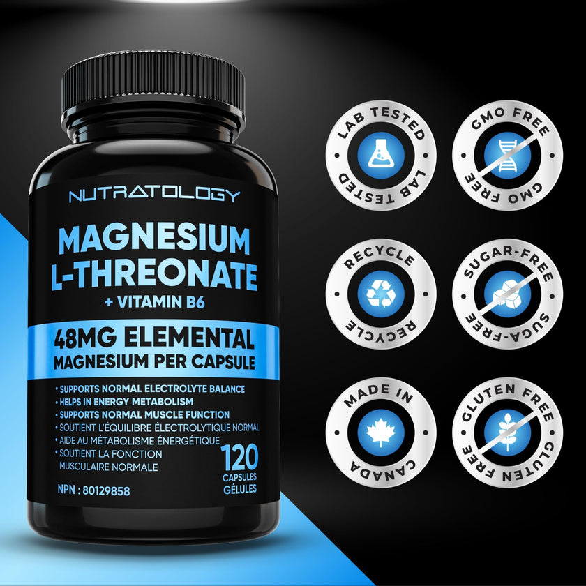 Nutratology® Magnesium L-Threonate + Vitamin B6 | Canadian-Made | Formulated To Help Support Heart & Muscle Function - Balances Electrolytes, Supports Energy Metabolism & Tissue Formation - 120 Count 🍁 All In One Marketplace Canada