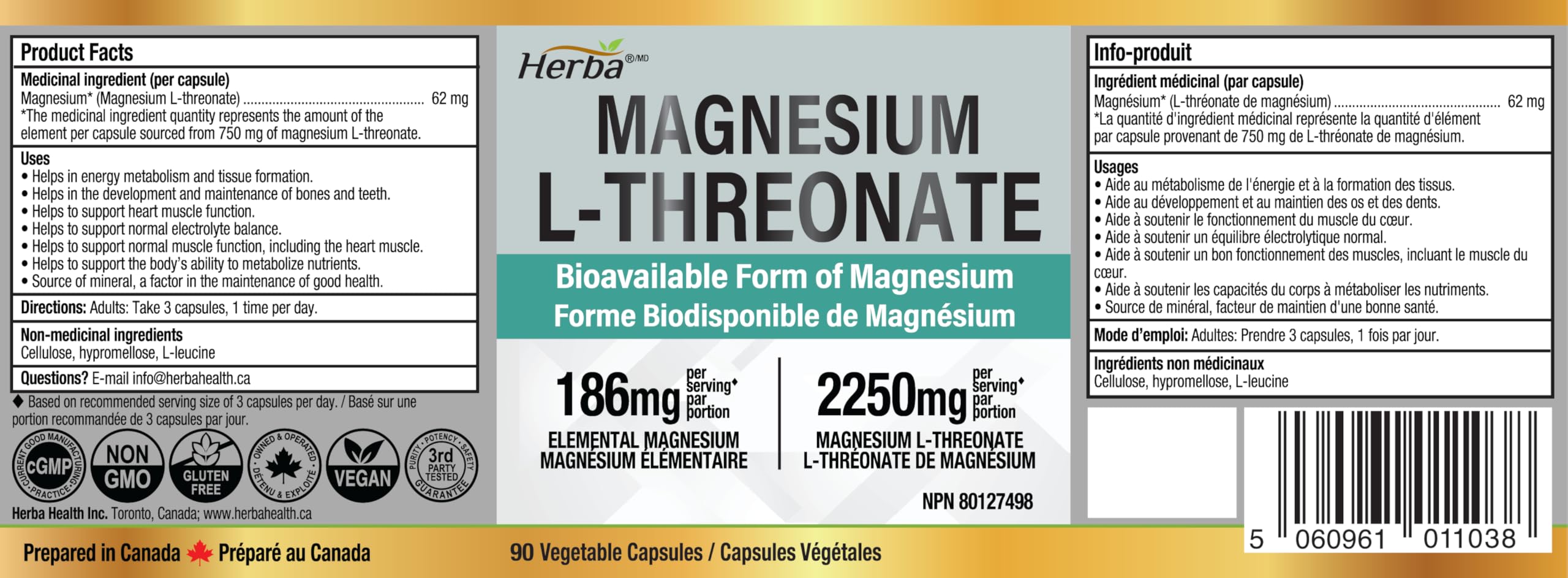 Herba Magnesium L-Threonate – 2,250mg of Magnesium L Threonate Per Serving (3 Capsules) - 186mg of Elemental Magnesium | Bioavailable Form of Magnesium Supplement | 90 Vegetable Capsules | Made in Canada 🍁 All In One Marketplace Canada