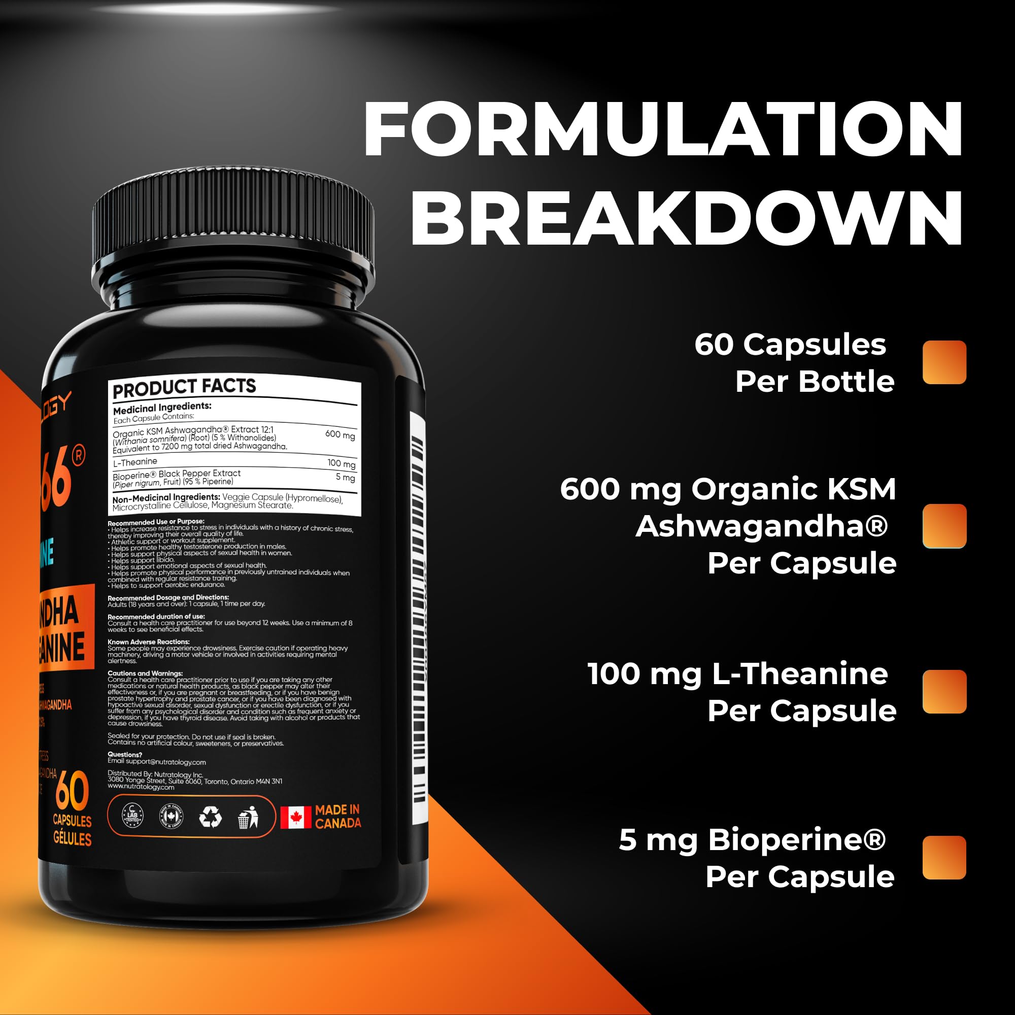 Nutratology® Ashwagandha KSM-66 7200MG + L-Theanine 100MG - Made In Canada | Stress Relief Supplements - Relaxation & Mood Support - Formulated With Bioperine For Enhanced Absorption - 60 Capsules 🍁 All In One Marketplace Canada