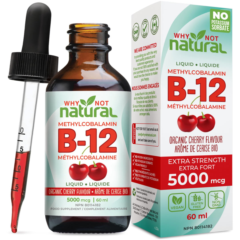 Organic Vitamin B12 Liquid - Sublingual Extra Strength 60 x 5000 mcg Drops, Methylcobalamin, Natural Cherry Flavor, Vegan, Maximize Absorption and Energy 🍁 All In One Marketplace Canada