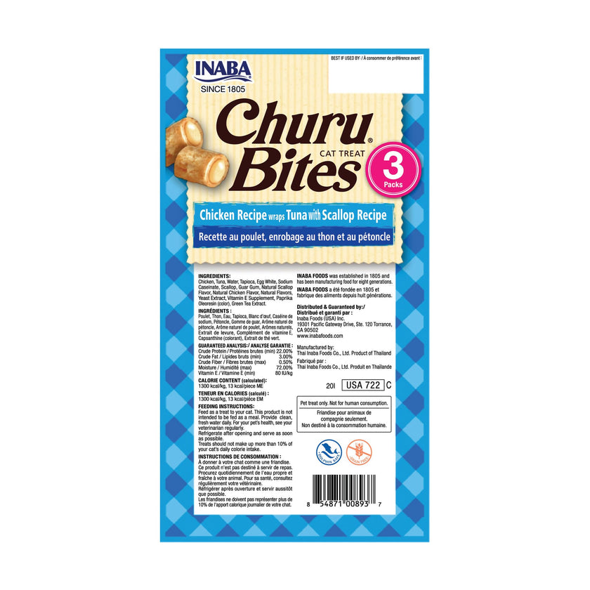 INABA Churu Bites Soft & Chewy Cat Treats, Tuna Scallop, 18ct | Immune support, 72% moisture, Low calorie, Pill-friendly center, Grain-free, Preservative-free, 18 x 0.35 oz tubes 🍁 All In One Marketplace Canada