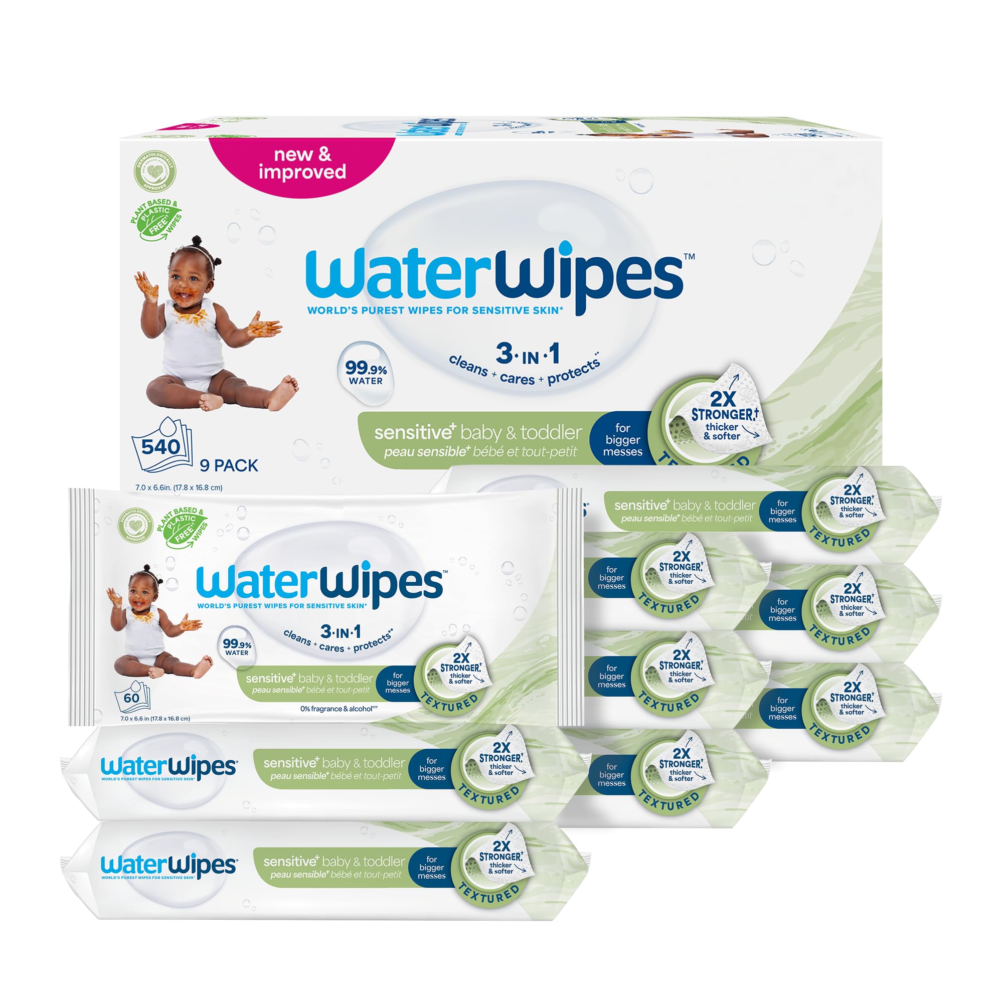 WaterWipes Sensitive+ Baby & Toddler Wipes, 3-in-1, Cares, Protects, 99.9% Water, Textured Clean, Unscented & Hypoallergenic, 540 Count (Pack of 9) 🍁 All In One Marketplace Canada
