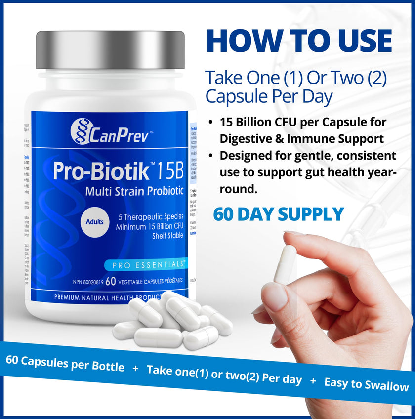 CanPrev Pro-Biotik 15 Billion CFU, 60 V-Caps 60-Day Supply - Non-GMO & Gluten-Free - Advanced Gut Health Formula with 5 Probiotic Strains Supplement - Supports Digestive Balance and Eases Bloating 🍁 All In One Marketplace Canada