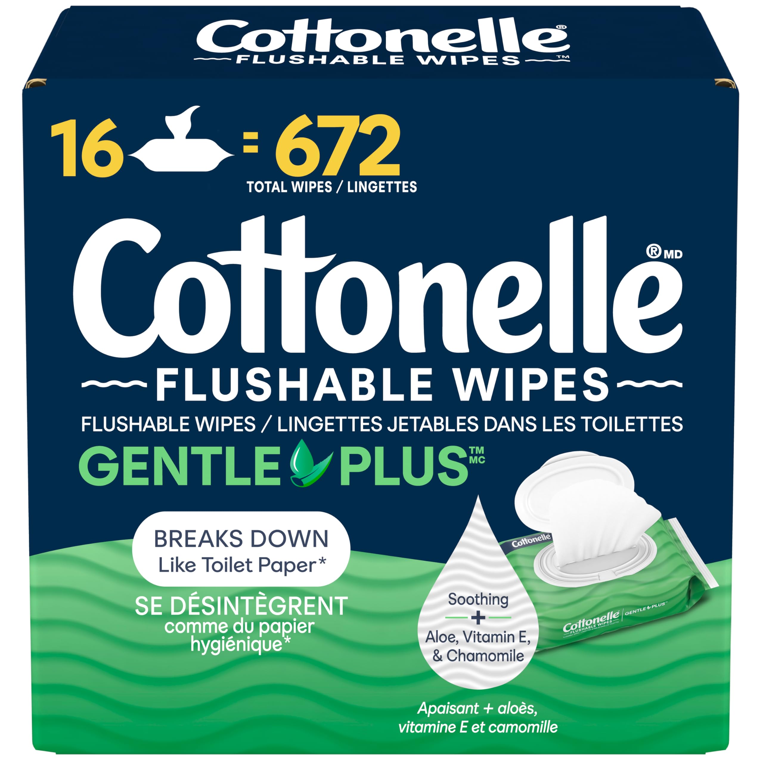 Flushable Wet Wipes, Cottonelle GentlePlus, Biodegradable & Septic Safe, 16 Flip-Top Packs of 42 (672 Wipes) 🍁 All In One Marketplace Canada