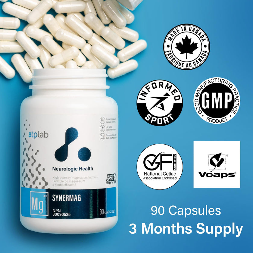 ATP LAB - Synermag 90 Capsules 90-Day Supply - High potency Magnesium Bisglycinate, Malate, Taurine & Vitamin B6 - Bone Health Supplement - Muscle Health & Teeth Health 🍁 All In One Marketplace Canada
