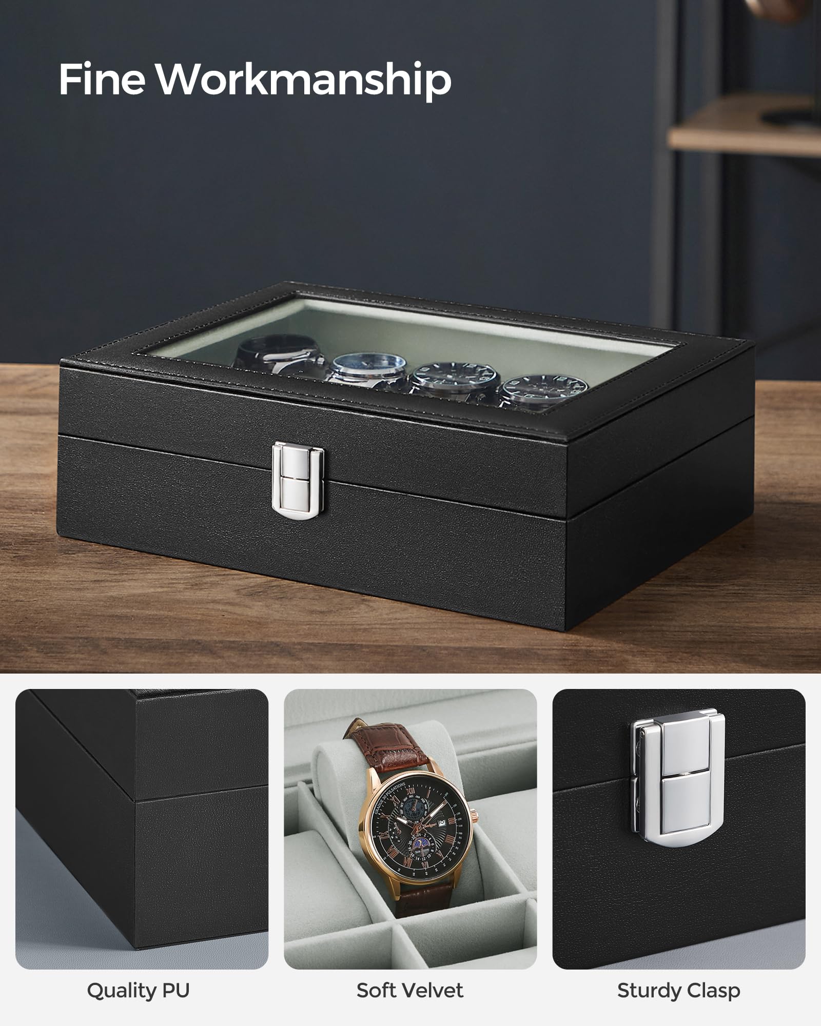 SONGMICS Watch Box, 10-Slot Watch Case Organizer with Large Glass Lid, Removable Pillows, Gift for Loved Ones, Black Synthetic Leather, Gray Lining UJWB010BK 🍁 All In One Marketplace Canada