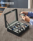 SONGMICS Watch Box, 10-Slot Watch Case Organizer with Large Glass Lid, Removable Pillows, Gift for Loved Ones, Black Synthetic Leather, Gray Lining UJWB010BK 🍁 All In One Marketplace Canada