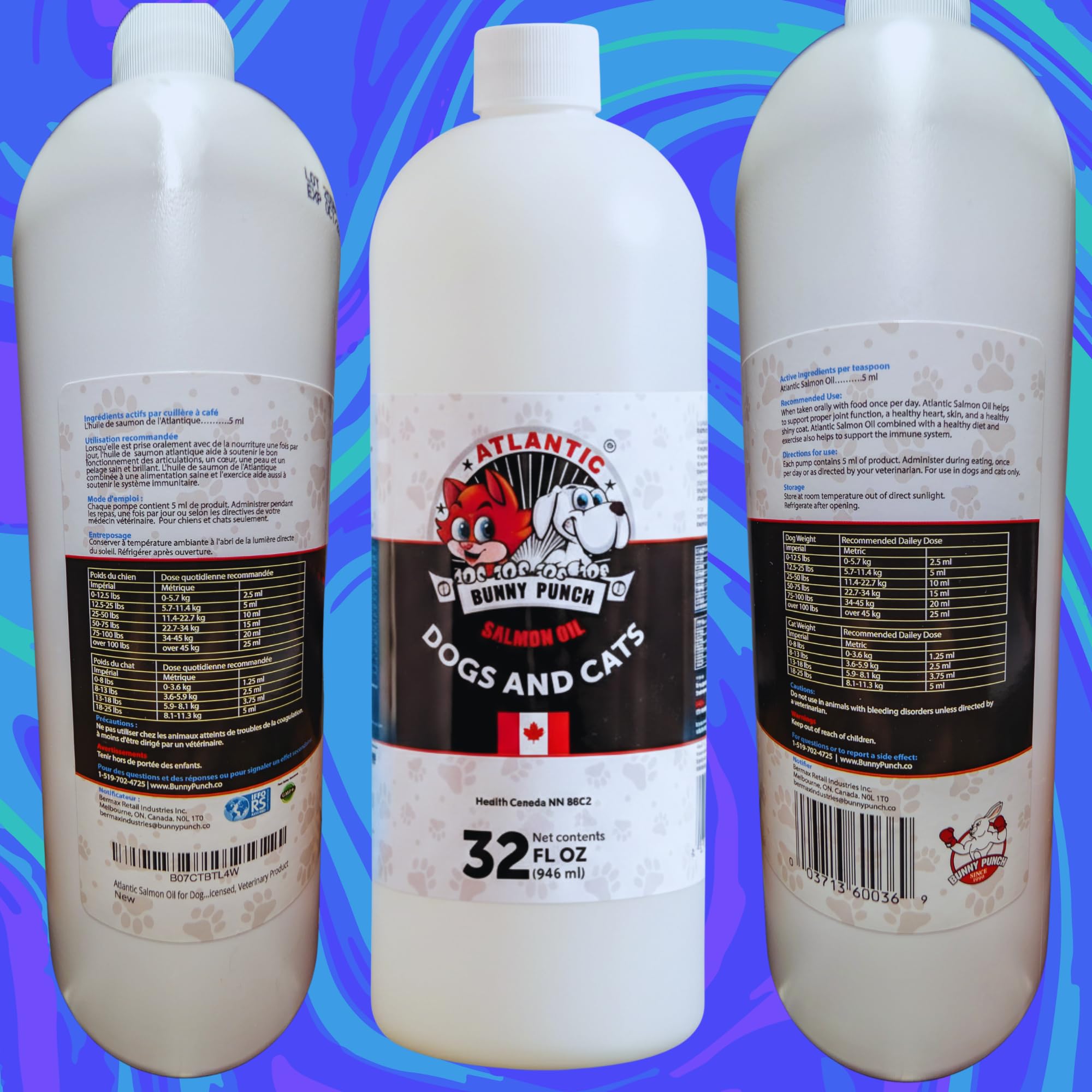 Bunny Punch Pure Atlantic Salmon Oil for Dogs & Cats - Liquid Food Topper - 32 oz 🍁 All In One Marketplace Canada