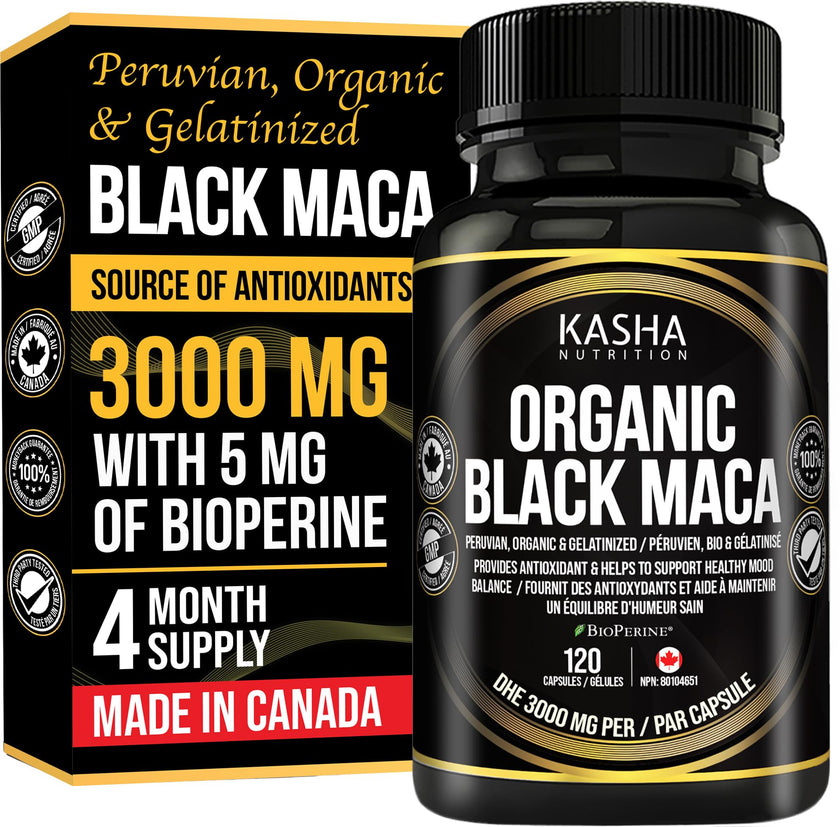 Organic Black Maca for Men & Women DHE 3000mg (Industry Strongest) with 5mg Bioperine per Capsule - Organic Gelatinized Maca for all Genders | 750 mg 4:1 Extract Maca Root / Maca Powder | Proudly Canadian | 4 Month Supply, Non-GMO, Vegan, Gluten Free, Soy