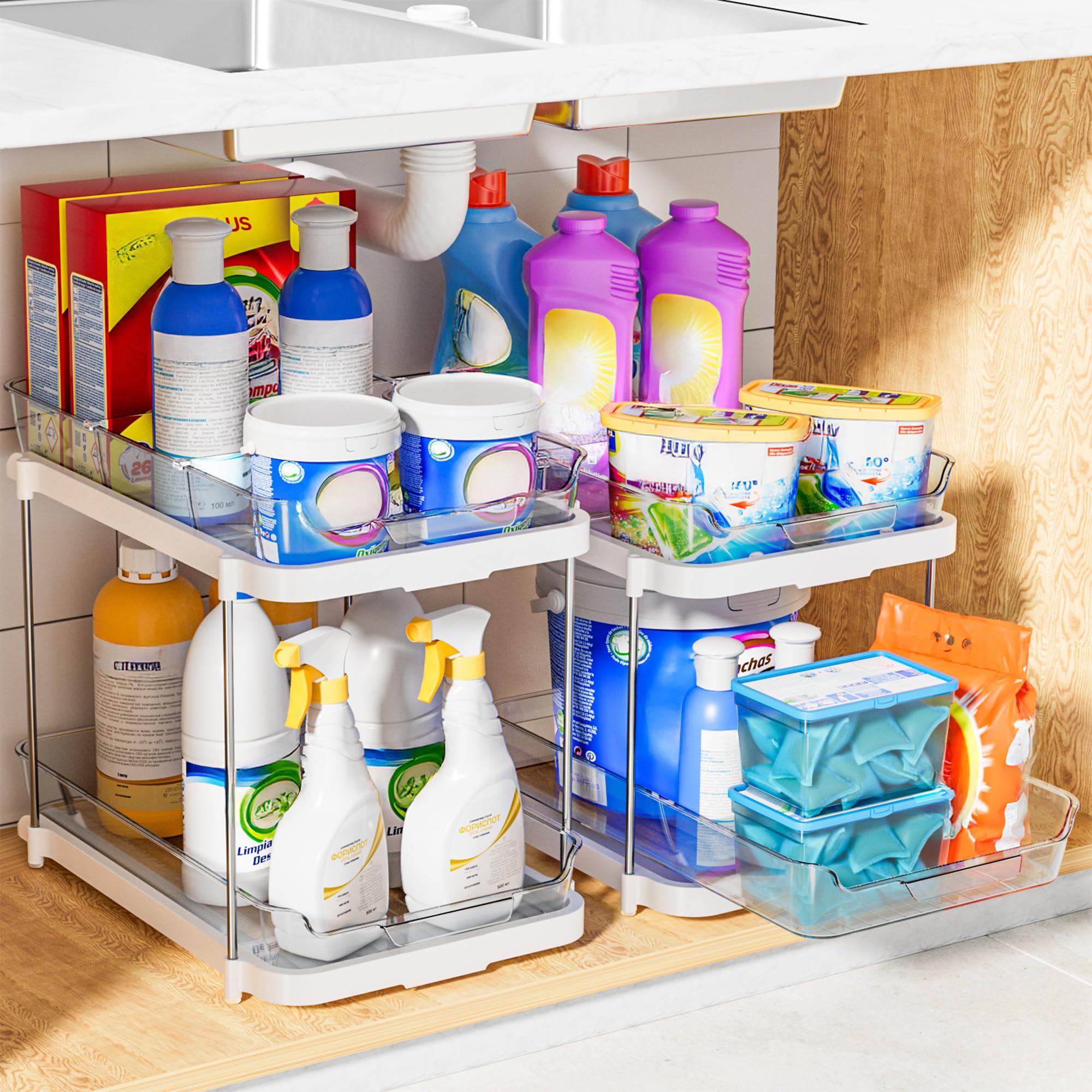 Delamu 2-Tier Multi-Purpose Bathroom Under Sink Organizers and Storage, Stackable Kitchen Pantry Organization, Pull Out Medicine Cabinet Organizer with Movable Dividers, White, 2 Pack 🍁 All In One Marketplace Canada
