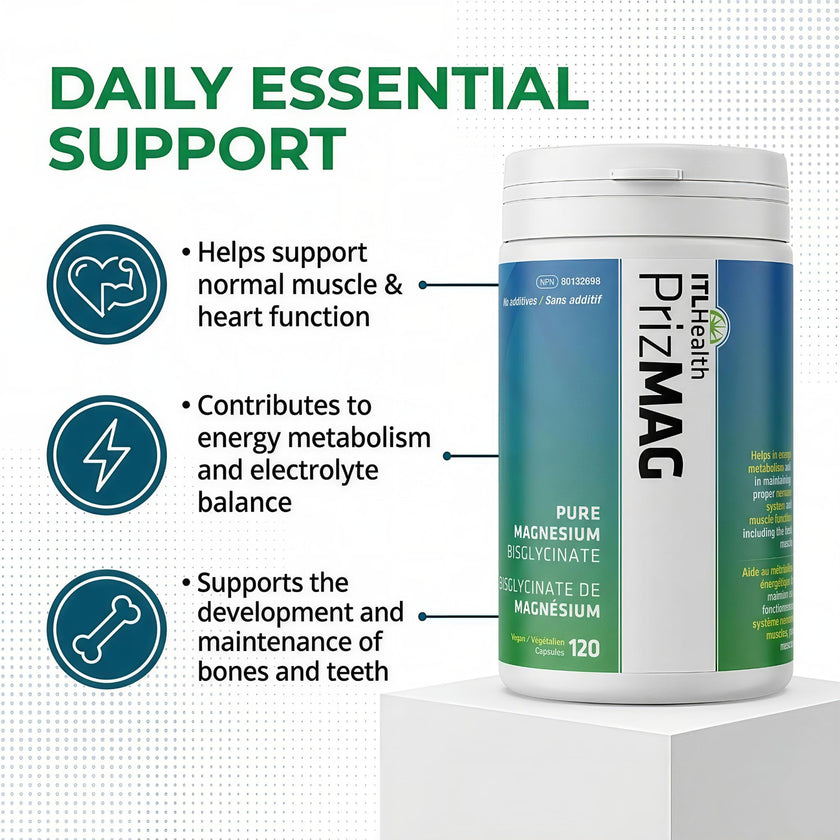 PrizMAG Pure Magnesium Bisglycinate, Magnesium Glycinate, 380mg of Mag Per Serving | Supports Muscle & Bone Health - Gentle on Digestion & High Absorption | Made in Canada - 120 Capsules 🍁 All In One Marketplace Canada