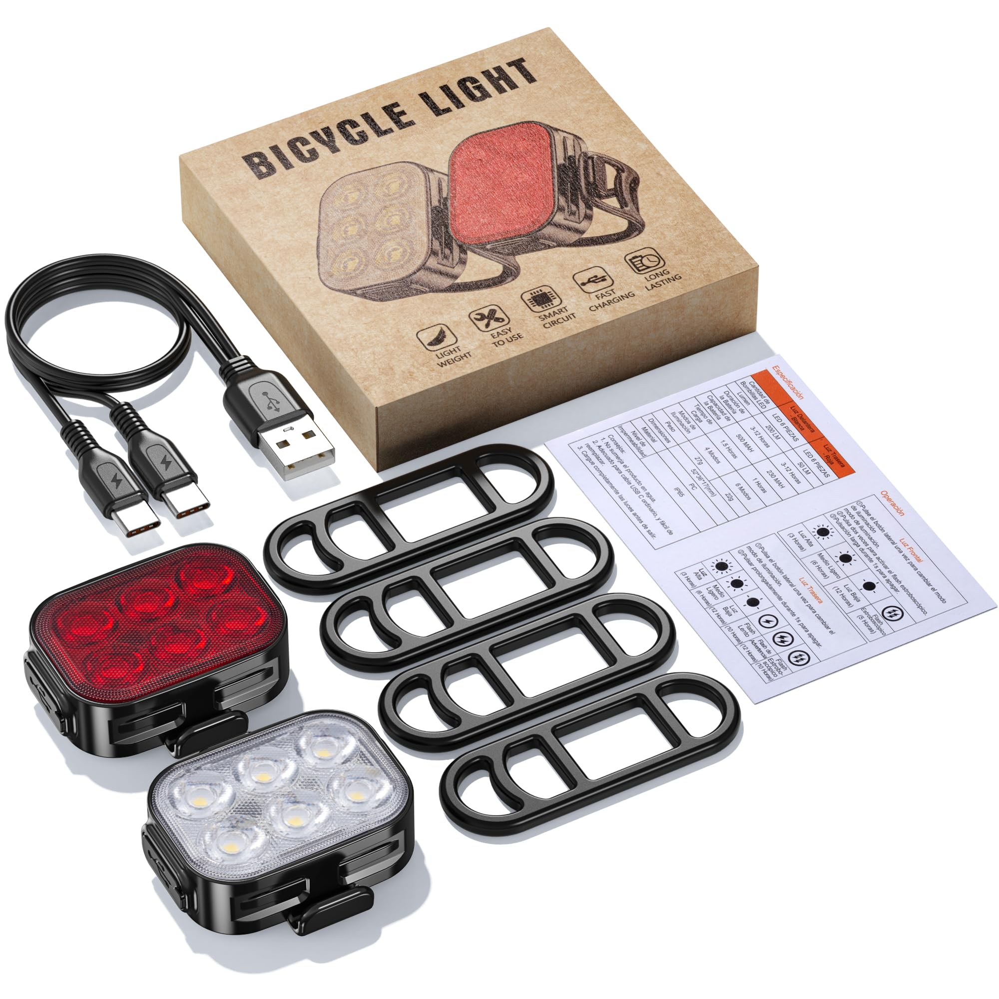 Bike Lights, Combination of Bike Front Light and Tail Light, IP65 Waterproof USB Charging, Equipped with 6 Ultra-Bright LED Beads, 4+6 Lighting Modes, Suitable for Riding at Night 🍁 All In One Marketplace Canada
