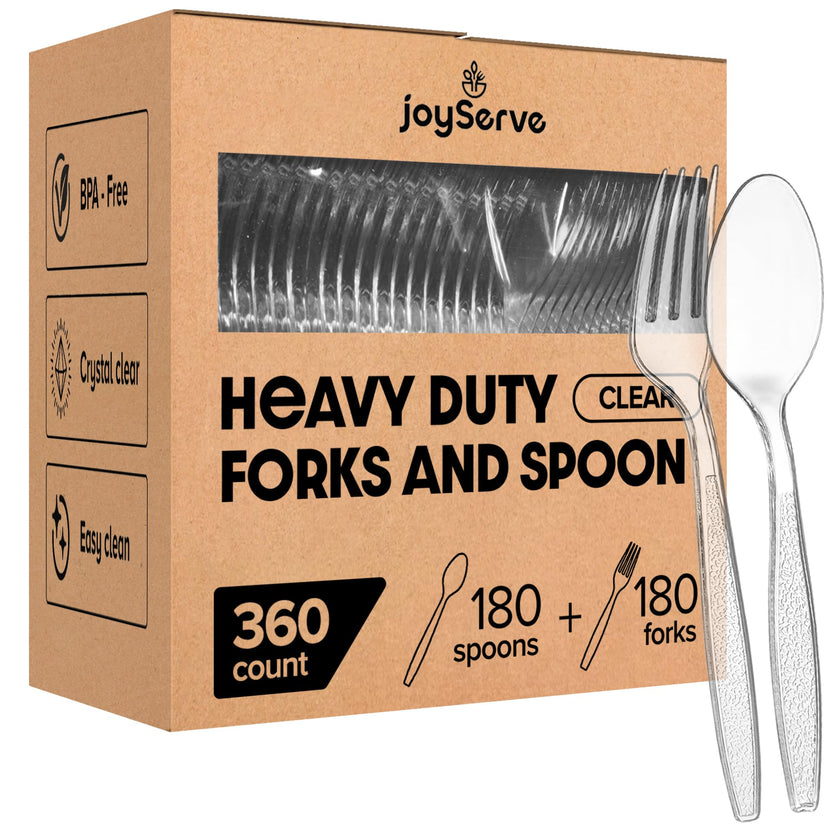 Plastic Forks and Spoons Set - (Bulk Pack 360 Pcs) Clear Plastic Cutlery Utensils Heavy Duty, 180 Forks and 180 Spoons, Silverware Sets for Party Supplies, Dinners, Take-Out, Catering, Food Services 🍁 All In One Marketplace Canada