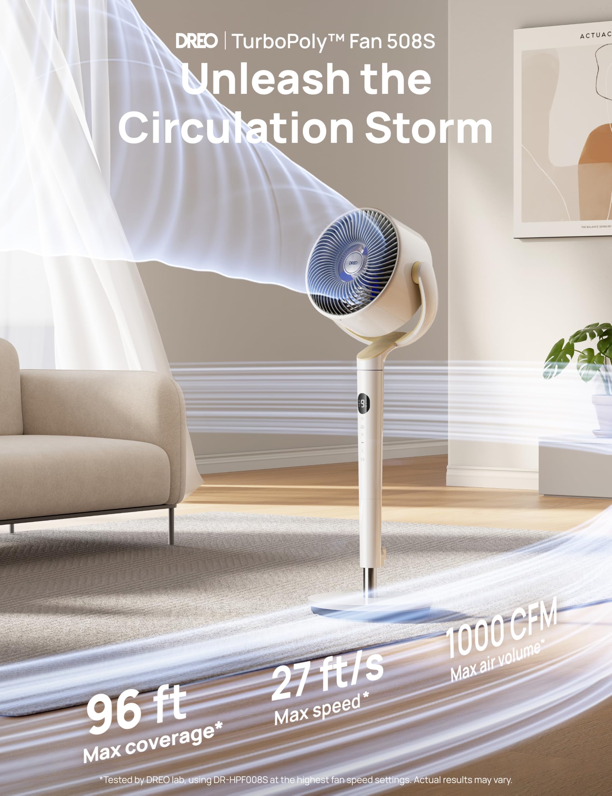 DREO Smart Fan for Bedroom, 120° +120° Omni-Directional Oscillating Fans, 90ft Quiet Pedestal Fan with RGB Light, 9 Speeds, 6 Modes, 20dB, 8H Timer, Wi-Fi/Voice/Alexa, 37-42
