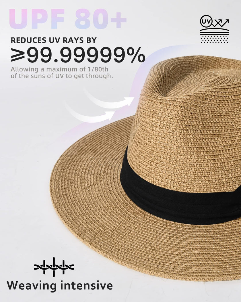 FURTALK Womens Mens Wide Brim Straw Panama Hat Fedora Summer Beach Sun Hat UPF Straw Hat for Women Khaki-Black 🍁 All In One Marketplace Canada