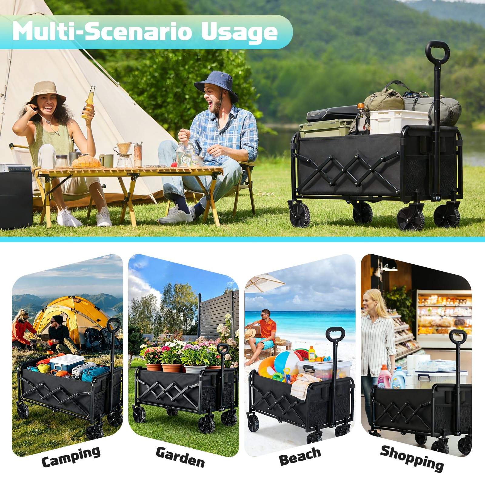 Collapsible Wagon Cart with Wheels Foldable - Lightweight 280LBS Heavy Duty Folding Utility Portable Beach Wagon with All-Terrain Wheels for Groceries Shopping Garden Sports Camping 🍁 All In One Marketplace Canada