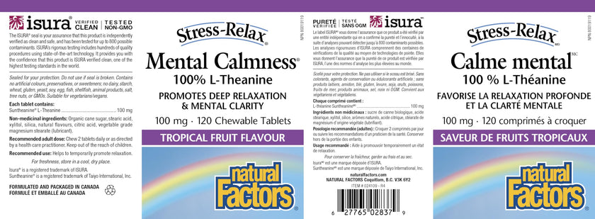 Natural Factors Stress Relax Mental Calmness, 120 Chewable Tablets, Tropical Fruit Flavour, Suntheanine L Theanine 100 mg, Promotes Deep Relaxation, Stress Relief, Proudly Canadian 🍁 All In One Marketplace Canada