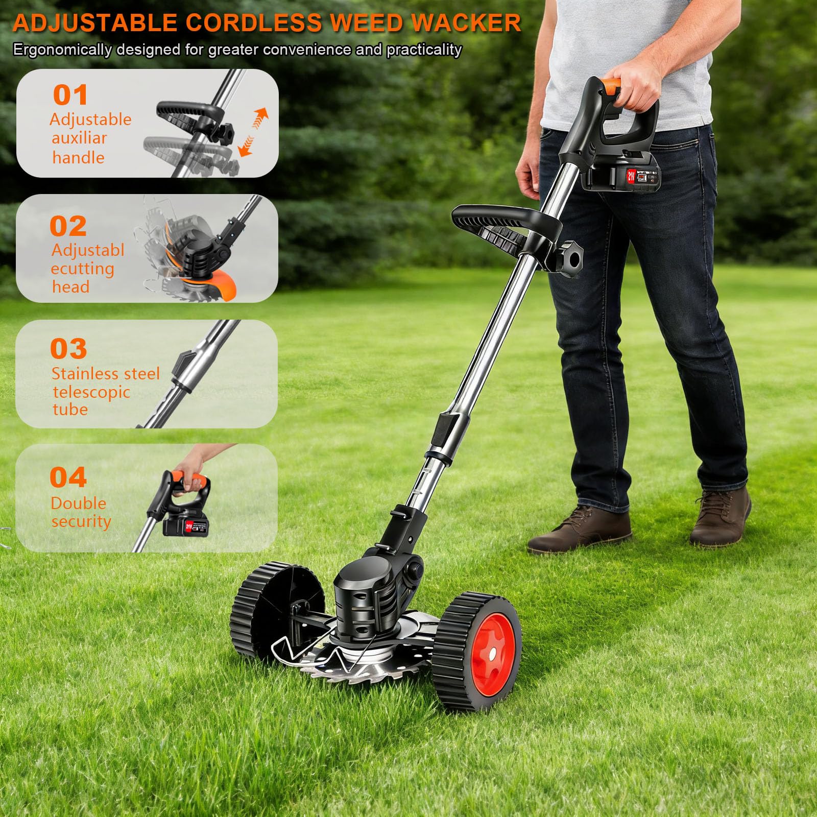 21V Cordless Weed Wacker for Thick Weeds, Lawn & Yard, 3-in-1 String Trimmer/Edger/Brush Cutter with 2 Batteries, 4 Blades & Wheels, 90° Pivot Head, Adjustable Height, Lightweight Easy for Homeowners 🍁 All In One Marketplace Canada